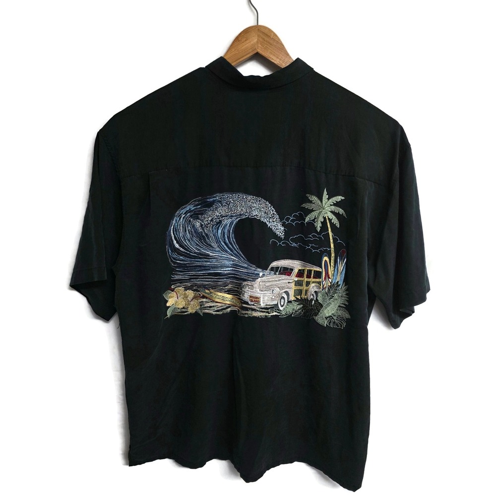 Bamboo Cay Mens XL Black Embroidered Woody Wagon Surf Wave Camp Shirt